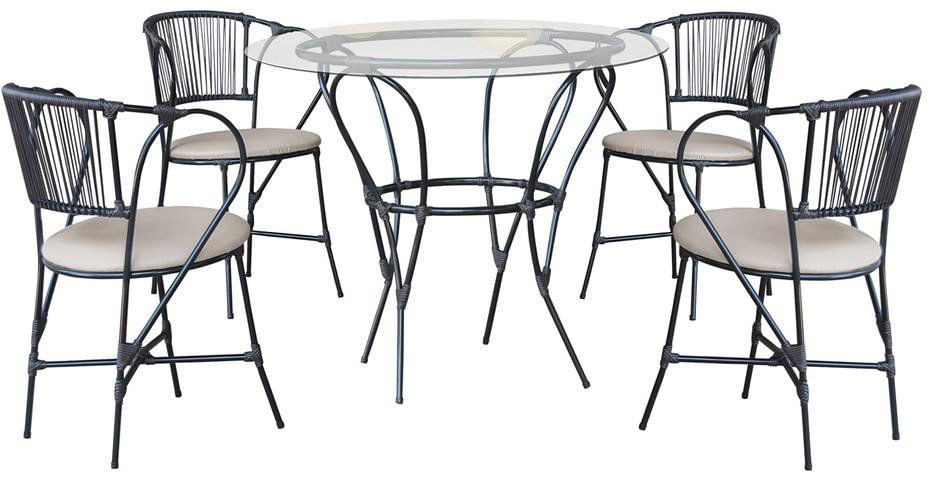 Encontraproduto.com.br - Mesa de Ferro com Tampo de Vidro Barcelona Famais Lisos com 4 Cadeiras Tabaco e Branco Gelo