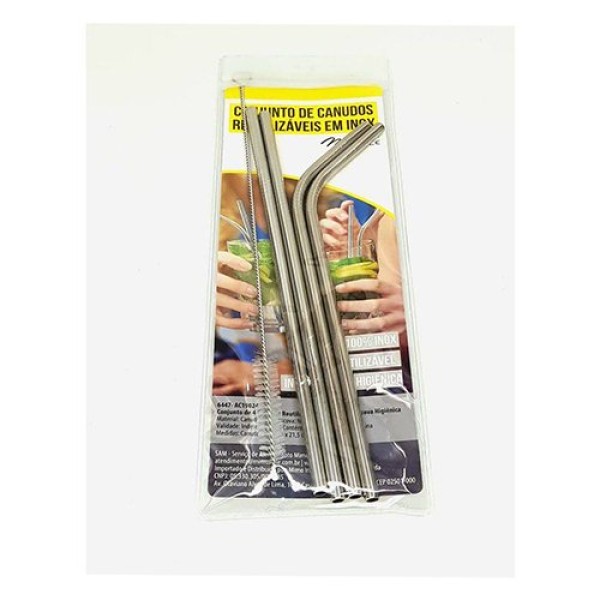Encontraproduto.com.br - Jogo De Canudos Com Escova 4 Peças Mimo 6447 Inox