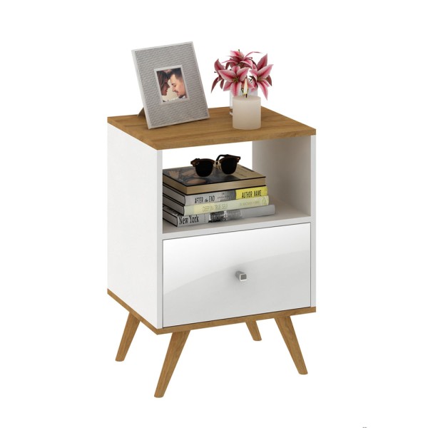 Encontraproduto.com.br - Mesa de Cabeceira Retrô com 1 Gaveta e 1 Nicho - Branco/Nogal