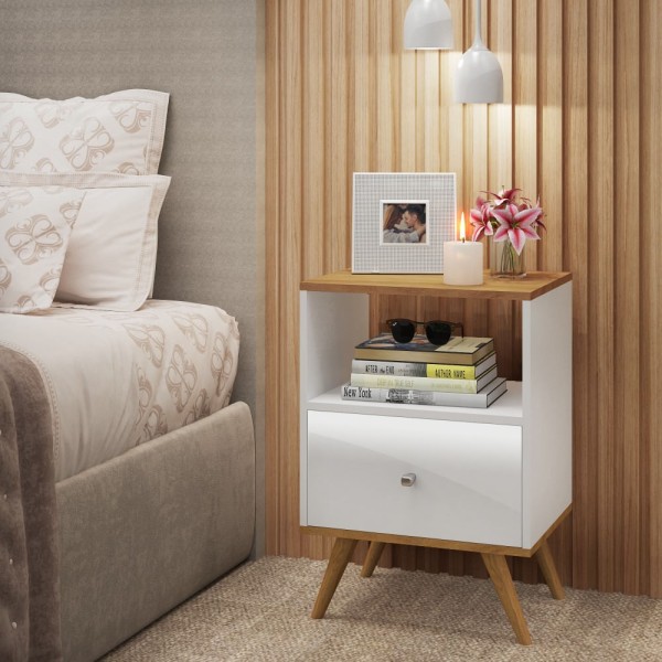 Encontraproduto.com.br - Mesa de Cabeceira Retrô com 1 Gaveta e 1 Nicho - Branco/Nogal