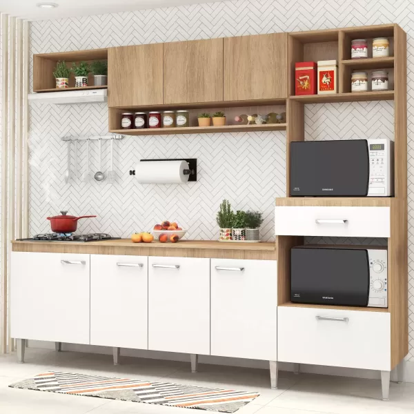 Encontraproduto.com.br - Cozinha Compacta Inova III com 8 Portas e Tampo - Carvalho/Branco