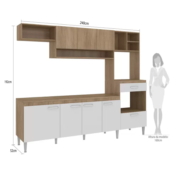Encontraproduto.com.br - Cozinha Compacta Inova III com 8 Portas e Tampo - Carvalho/Branco