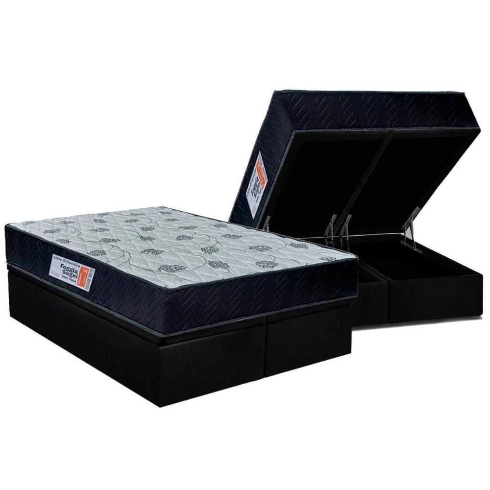 Encontraproduto.com.br - Cama Box Baú Queen Colchão Ortopédico Orthoflex Foggia Sogni Unic Face + Base Crc Suede Black(158x198)