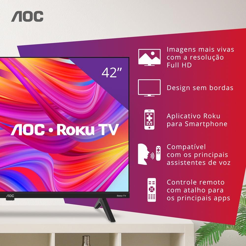 Encontraproduto.com.br - TV 42P AOC LED SMART Roku Wifi FULL HD USB HDMI - 42S5045/78G