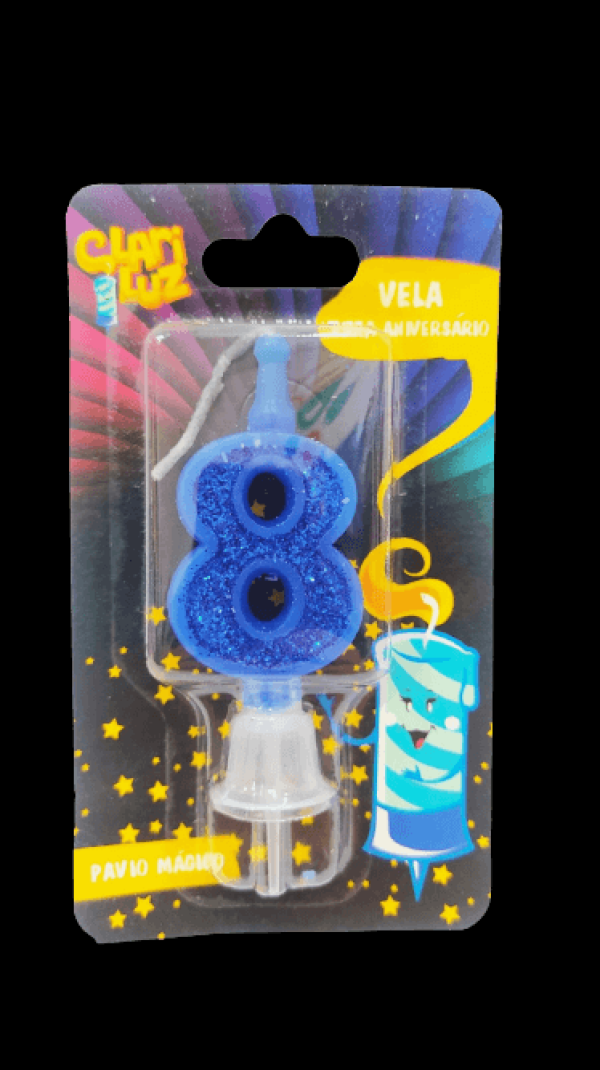 Encontraproduto.com.br - Vela de Aniversário Número 8 Azul com Glitter
