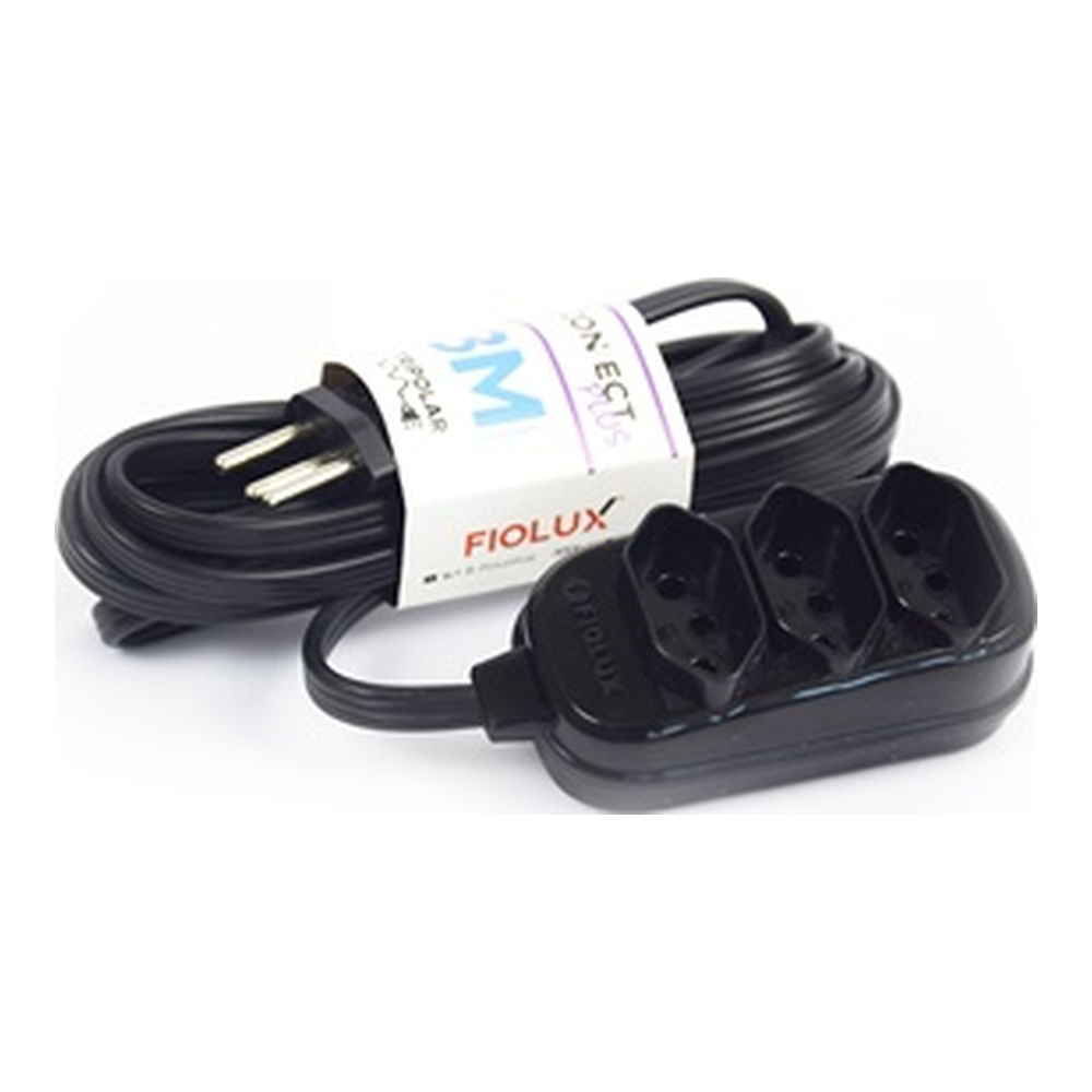 Encontraproduto.com.br - Extensão Tripolar com 3 Tomadas 3 Metros Preta Fiolux