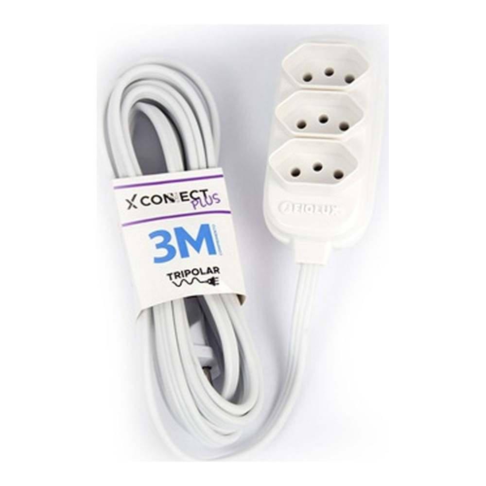 Encontraproduto.com.br - Extensão Tripolar com 3 Tomadas 3 Metros Branca Fiolux