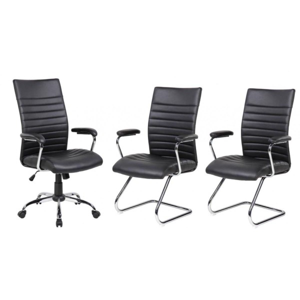 Conjunto com 1 Cadeira Presidente e 2 Cadeiras Interlocutores em Couro PU PEL-9023H/V Pretas