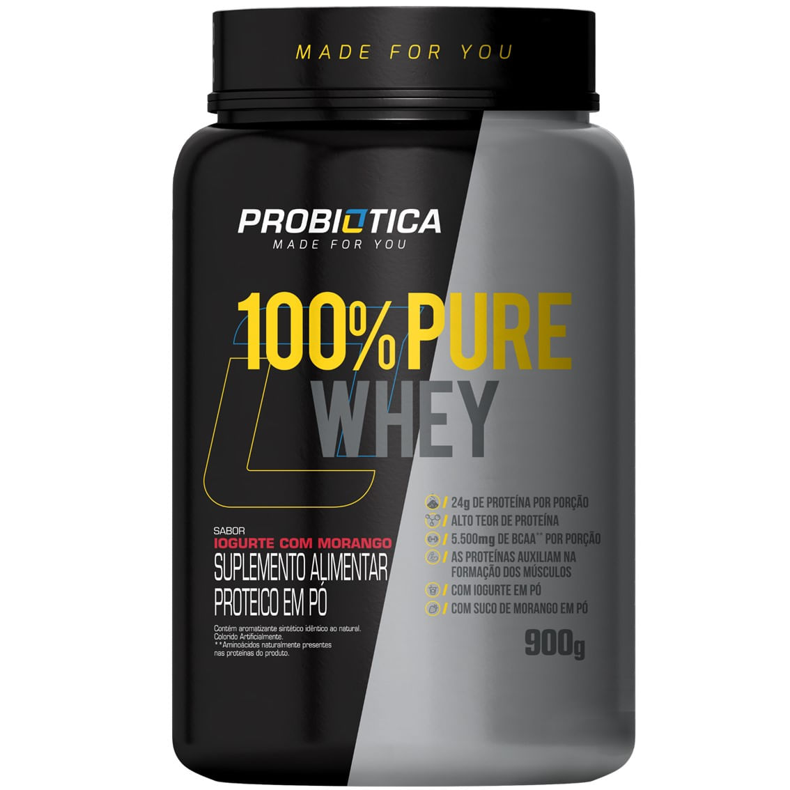 Suplemento em pó Probiótica  100% Pure Whey proteínas 100% Pure Whey sabor  iogurte de morango em pote de 900g