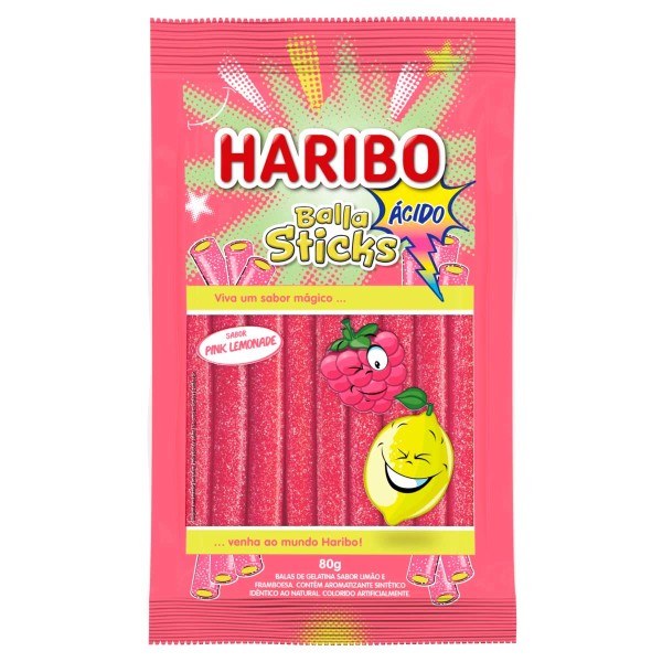 Encontraproduto.com.br - Kit 4 Balas Haribo Balla Sticks Ácido Pink Lemonade 80g