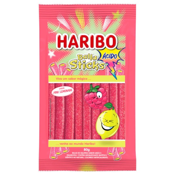 Encontraproduto.com.br - Kit 4 Balas Haribo Balla Sticks Ácido Pink Lemonade 80g
