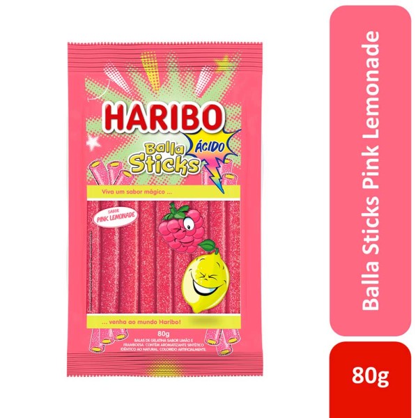 Encontraproduto.com.br - Kit 4 Balas Haribo Balla Sticks Ácido Pink Lemonade 80g