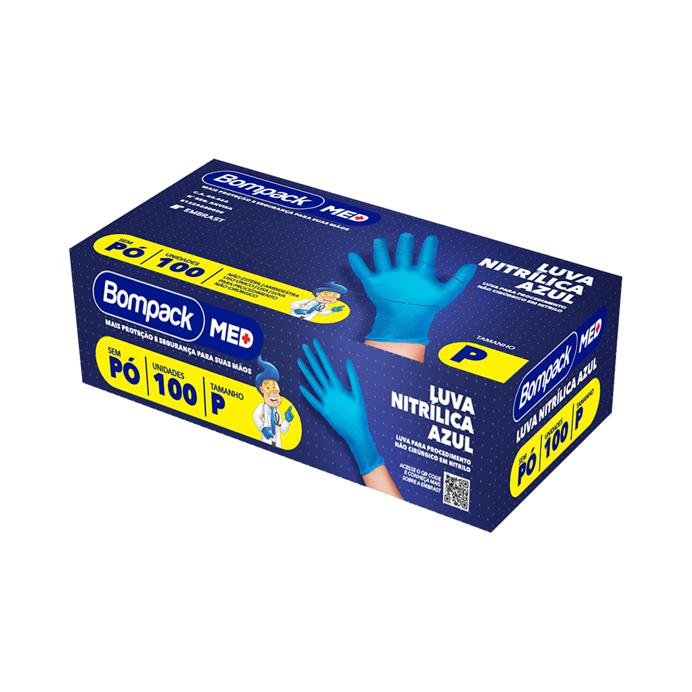 Encontraproduto.com.br - Bompack Luva Nitrilica Azul Med P C/100