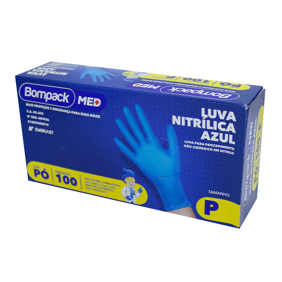 Encontraproduto.com.br - Bompack Luva Nitrilica Azul Med P C/100