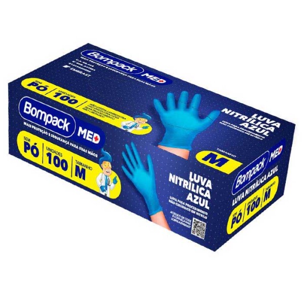 Encontraproduto.com.br - Bompack Luva Nitrilica  Azul M C/100 Unid