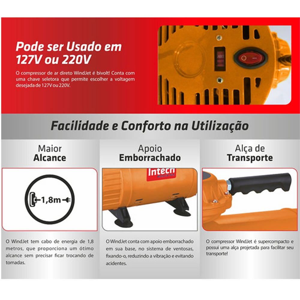 Encontraproduto.com.br - Compressor de ar mini elétrico portátil Intech Machine WINDJET 0L 450W 127V/220V 60Hz laranja