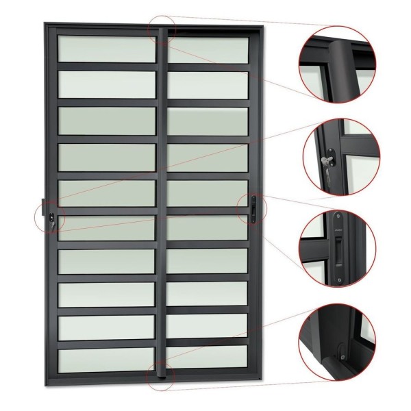 Encontraproduto.com.br - Porta De Correr Com Travessas 2 Folhas Moveis 210 X 120 Elite Com Fechadura Tetra Vidro Liso Preto