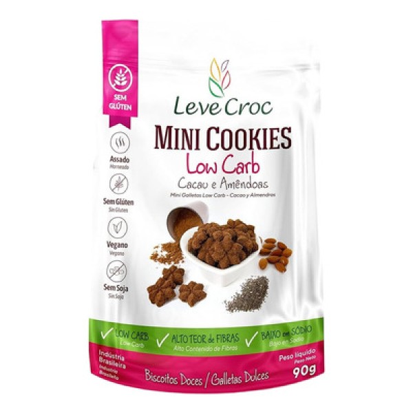 Mini Cookies LEVE CROC Low Carb Cacau e Amêndoas Vegano sem Glúten e Soja 90g
