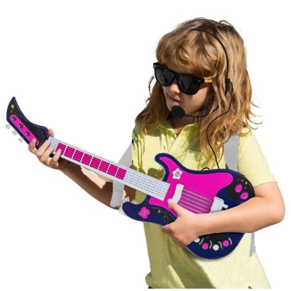 Encontraproduto.com.br - Guitarra Infantil Eletrônica Rosa com Microfone de Orelha Unik