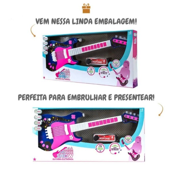 Encontraproduto.com.br - Guitarra Infantil Eletrônica Rosa com Microfone de Orelha Unik