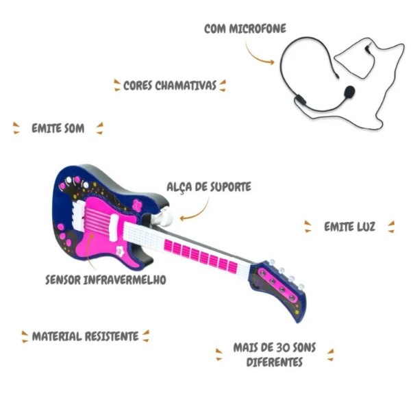Encontraproduto.com.br - Guitarra Infantil Eletrônica Rosa com Microfone de Orelha Unik
