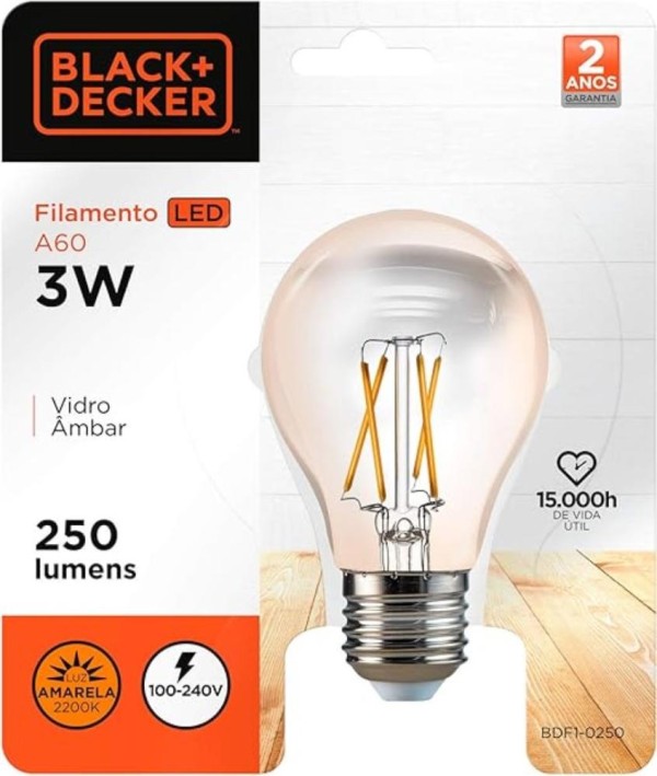 Encontraproduto.com.br - Lâmpada LED Filamento A60 Ambar 3W 2200K Black+Decker