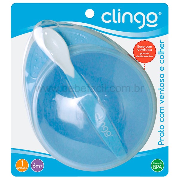 Encontraproduto.com.br - Prato com ventosa e colher Azul (6m+) - Clingo