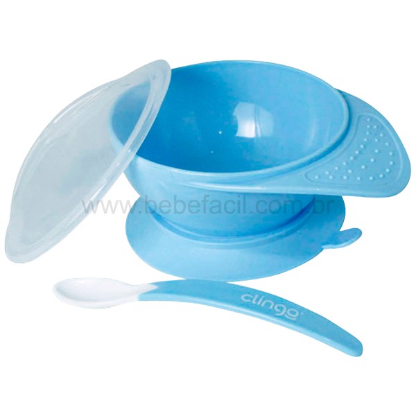 Encontraproduto.com.br - Prato com ventosa e colher Azul (6m+) - Clingo