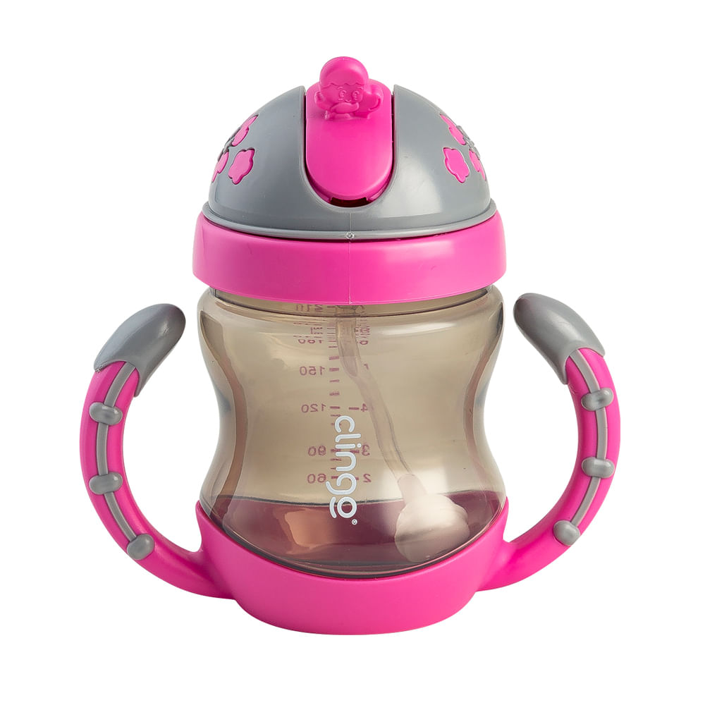 Copo Infantil com Alças e Canudo Antivazamento de Silicone 240ml Para Bebê +12 Meses Rosa Clingo
