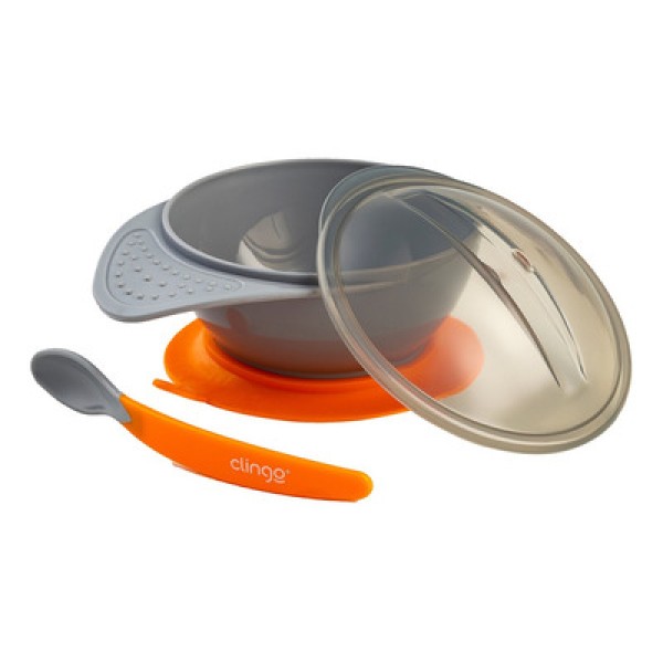 Prato com Ventosa e Colher - Clingo - Laranja-Cinza BRASBABY