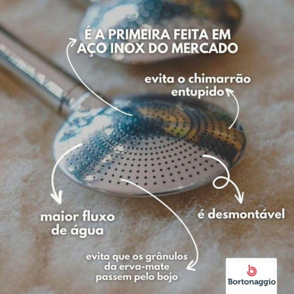 Encontraproduto.com.br - Bomba Para Tomar Chimarrão Mate Inox Mil Furos 24cm Bortonaggio Chima Bojo Rosca Escovinha