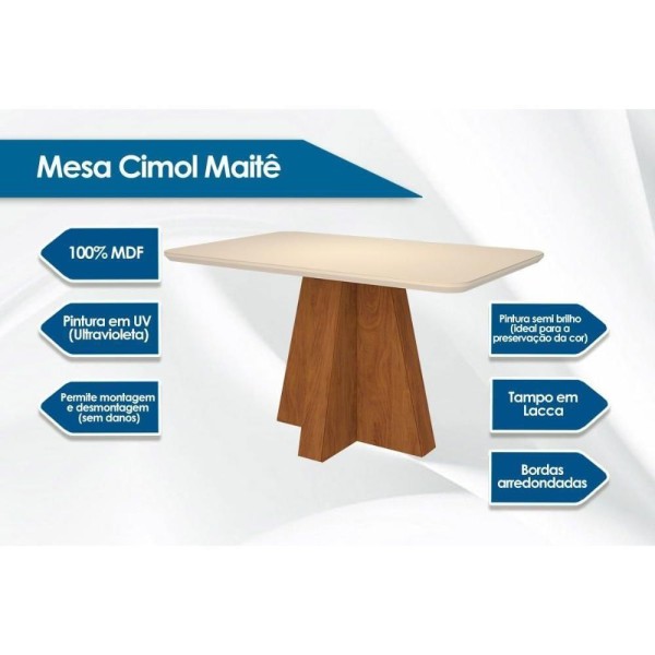 Encontraproduto.com.br - Mesa P- Cozinha Maitê C- Tampo Madeirado Vidro Canto Curvo 130x80cm Nature-off White - Cimol