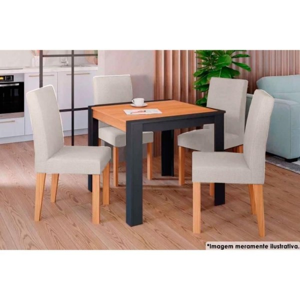 Encontraproduto.com.br - Sala De Jantar Completa Grace Com Tampo Madeirado 90x90cm E 4 Cadeiras Maia Nature-suede Gengibre Bege - Cimol