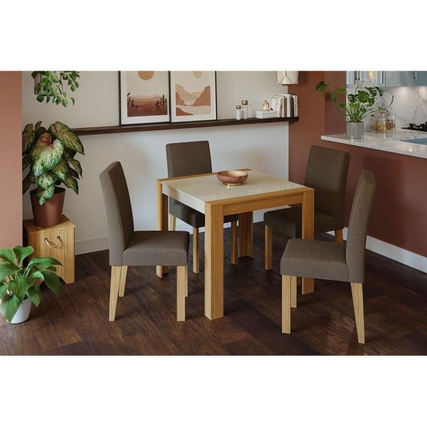 Encontraproduto.com.br - Kit Mesa Sala Jantar Grace C- Tampo Madeirado 90cm + 4 Cadeiras Maia Nature-off White-mascavo Cimol