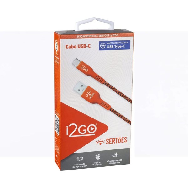 Encontraproduto.com.br - Cabo para Usb Tipo A e Tipo C em Nylon 1,2 Metros I2go Sertões Cor Laranja