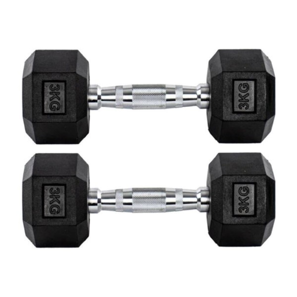 Par Halteres 3kg + 3kg Dumbbell Sextavado Emborrachado Pegada Cromada Gallant (GDb03F3B-Pt)