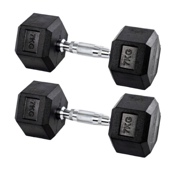 Encontraproduto.com.br - Par Halteres 7kg + 7kg Dumbbell Sextavado Emborrachado Pegada Cromada Gallant (GDb07F3B-Pt)