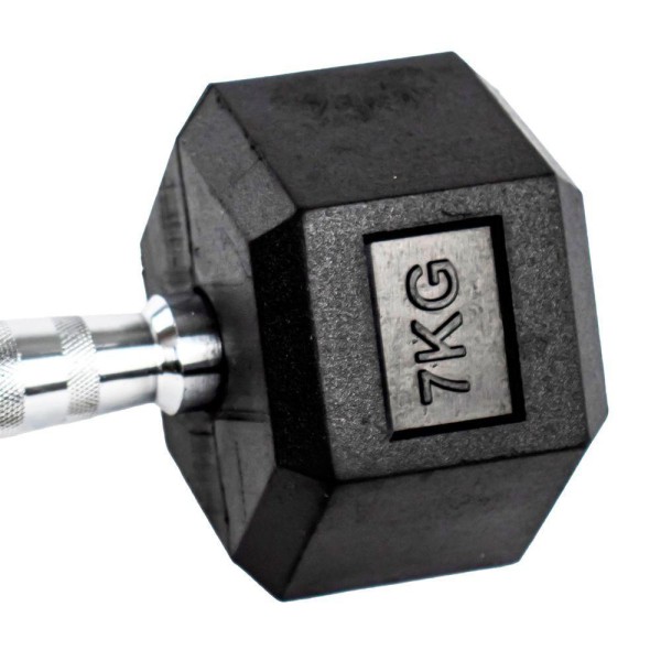 Encontraproduto.com.br - Par Halteres 7kg + 7kg Dumbbell Sextavado Emborrachado Pegada Cromada Gallant (GDb07F3B-Pt)