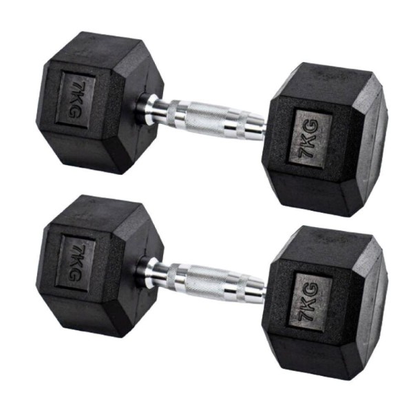 Encontraproduto.com.br - Par Halteres 7kg + 7kg Dumbbell Sextavado Emborrachado Pegada Cromada Gallant (GDb07F3B-Pt)