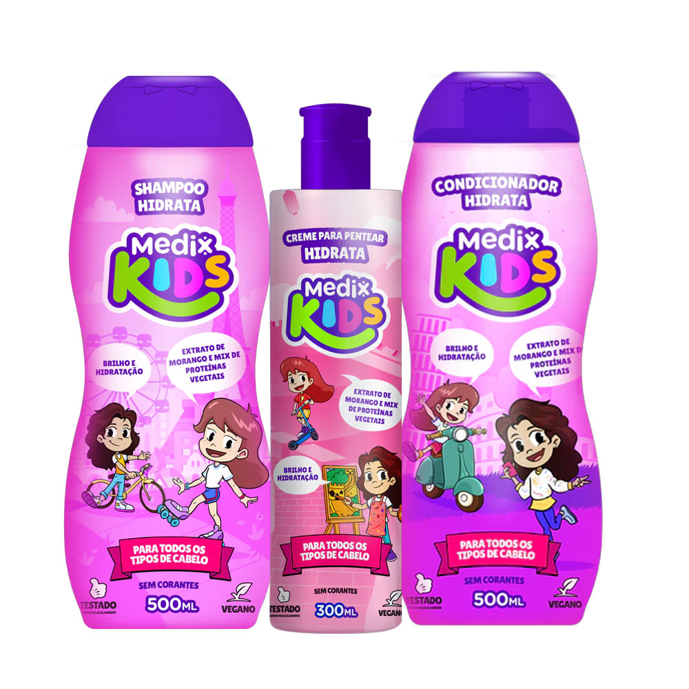 Kit Shampoo Condicionador e Creme De Pentear Hidrata Medix Kids 500ml