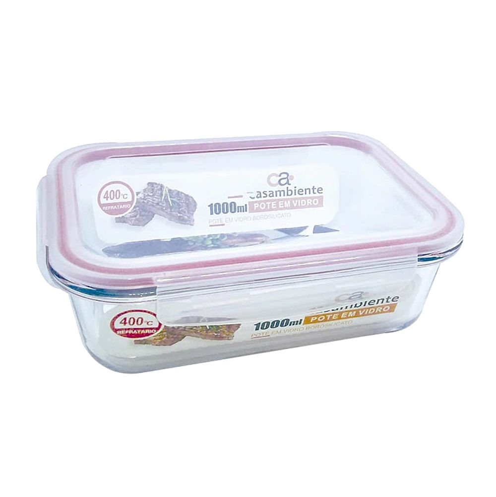 Encontraproduto.com.br - Pote de Vidro Hermético Retangular Casambiente com Tampa Vermelha 1000ml