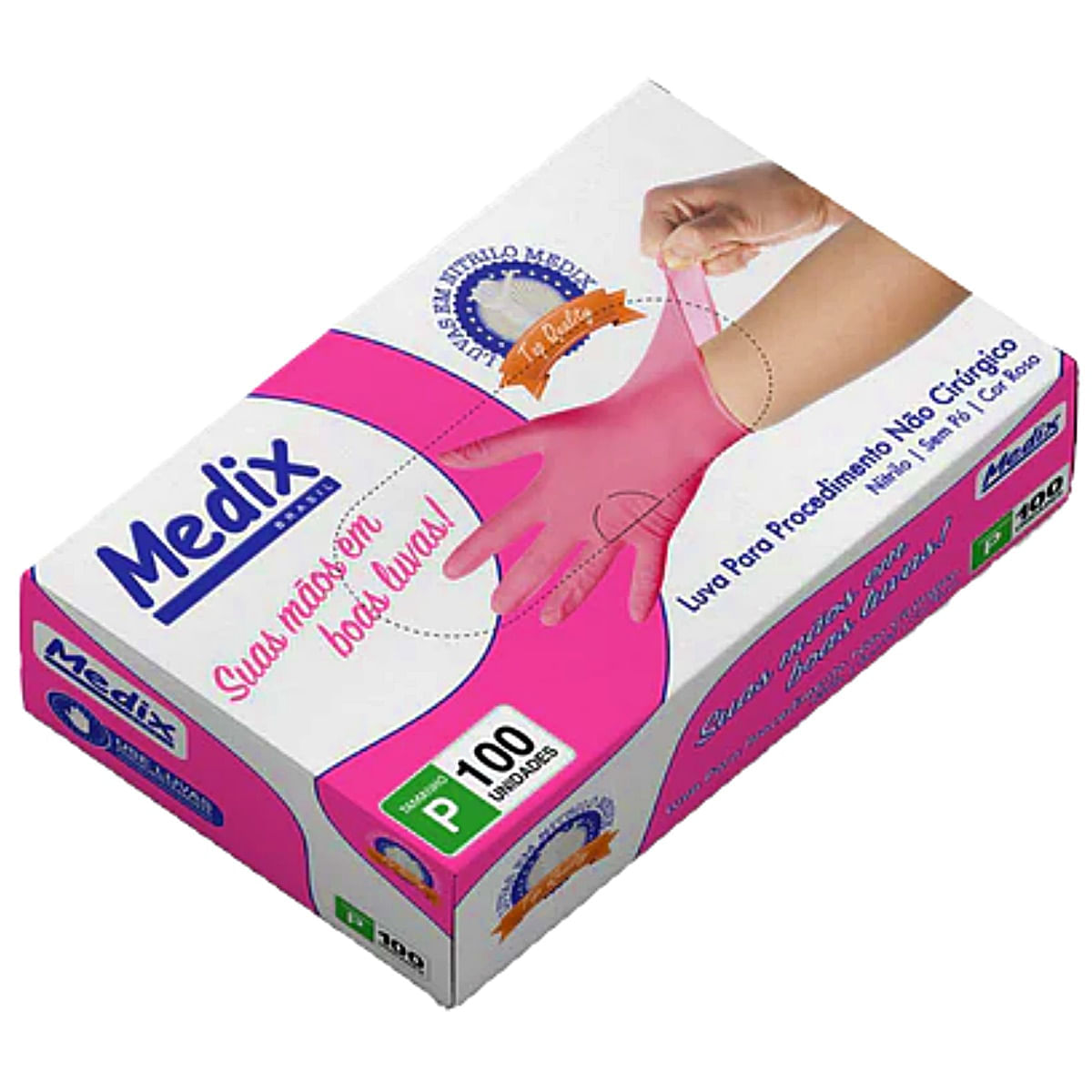Encontraproduto.com.br - Luva Descartável Nitrílica sem Pó Rosa G CA 40093 com 100 unidades Medix