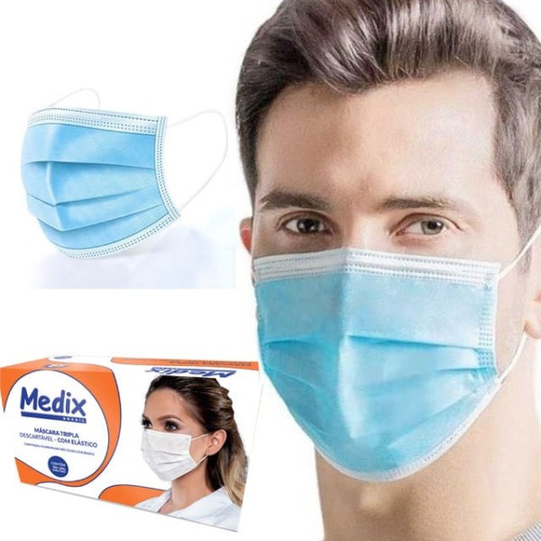 Encontraproduto.com.br - Máscara tripla c/elast caixa 50 unid Azul L BSA014/22 V 07/02/27   Medix