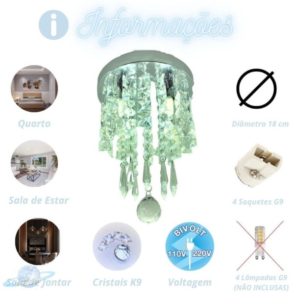 Encontraproduto.com.br - Lustre Cristal Quadrado Plafon Redondo 18cm Soquete G9