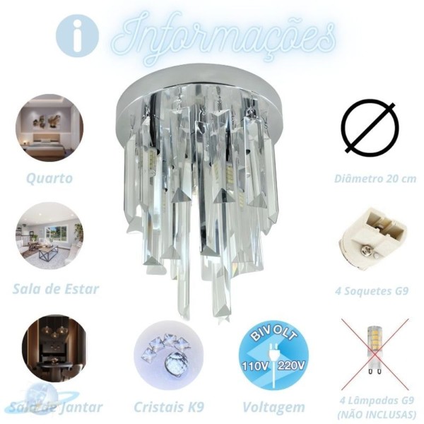 Encontraproduto.com.br - Lustre Cristal Retangular Plafon Redondo 20cm Soquete G9