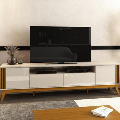 Encontraproduto.com.br - Rack Ripado para TV até 75 Polegadas 2 Portas 2 Gavetas com Pés de Madeira Morgan EDN Móveis