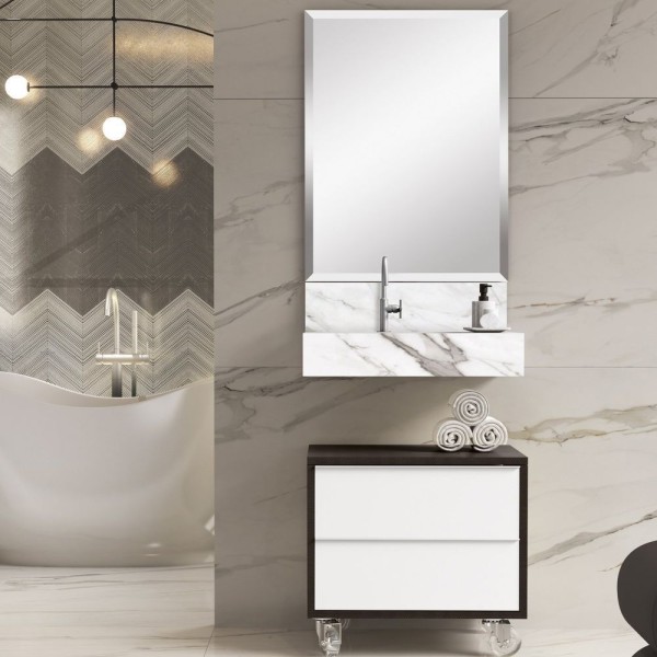 Encontraproduto.com.br - Bancada Em Porcelanato Para Banheiro 60cm Pró Com Cuba Esculpida Blu Lavatórios Calacata