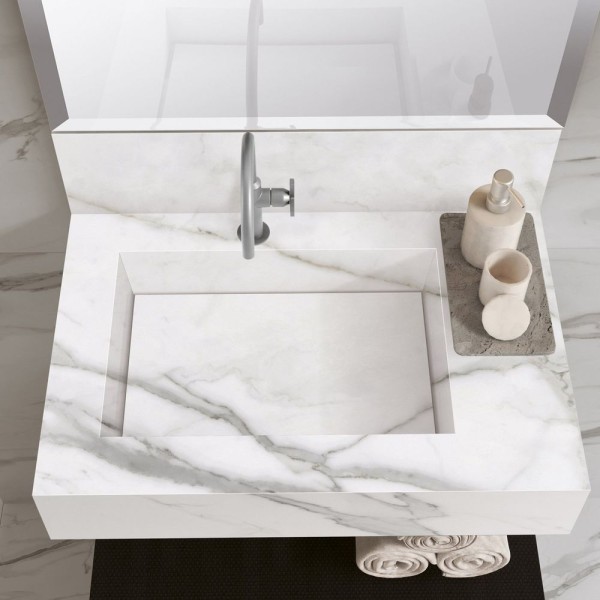 Encontraproduto.com.br - Bancada Em Porcelanato Para Banheiro 60cm Pró Com Cuba Esculpida Blu Lavatórios Calacata