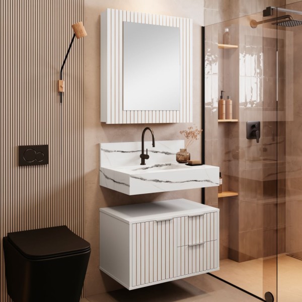 Encontraproduto.com.br - Bancada Em Porcelanato Para Banheiro 60cm Pró Com Cuba Esculpida Blu Lavatórios Calacata