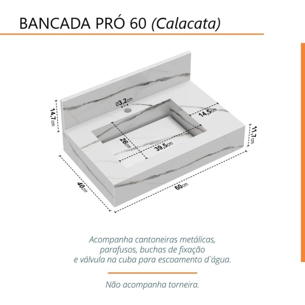 Encontraproduto.com.br - Bancada Em Porcelanato Para Banheiro 60cm Pró Com Cuba Esculpida Blu Lavatórios Calacata